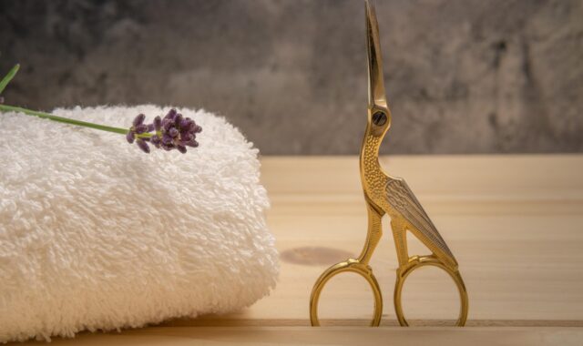 scissors, stork scissors, umbilical clamp, midwife, still life, lavender, towel, golden scissors, pair of scissors, scissors, scissors, midwife, midwife, midwife, midwife, midwife
